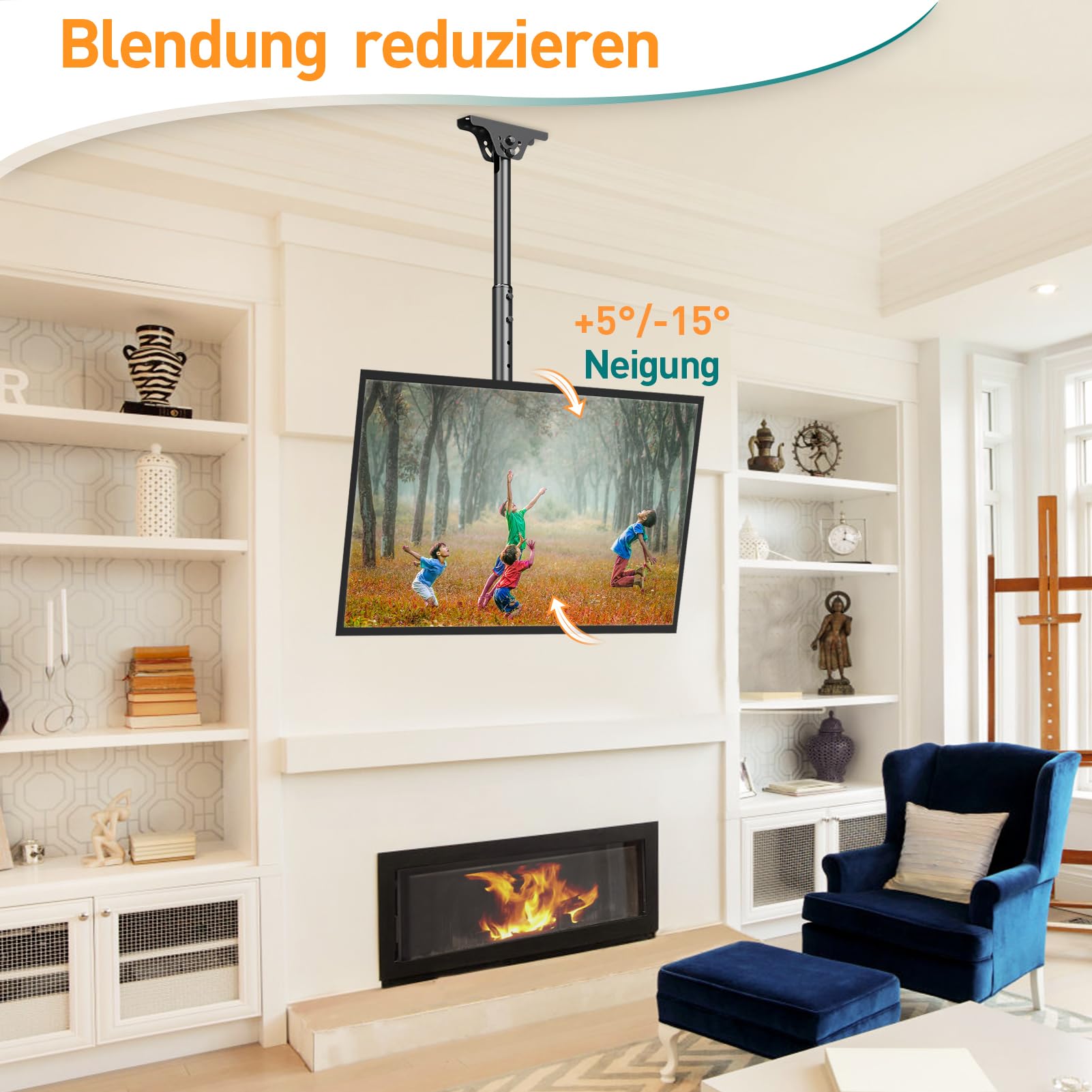 ELIVED TV Deckenhalterung für die meisten 26-65 Zoll Flach & Curved Fernseher bis zu 45KG, max. VESA 400x400mm, Höhenverstellbare TV Halterung für Flachdach oder Schrägdach, EV3015