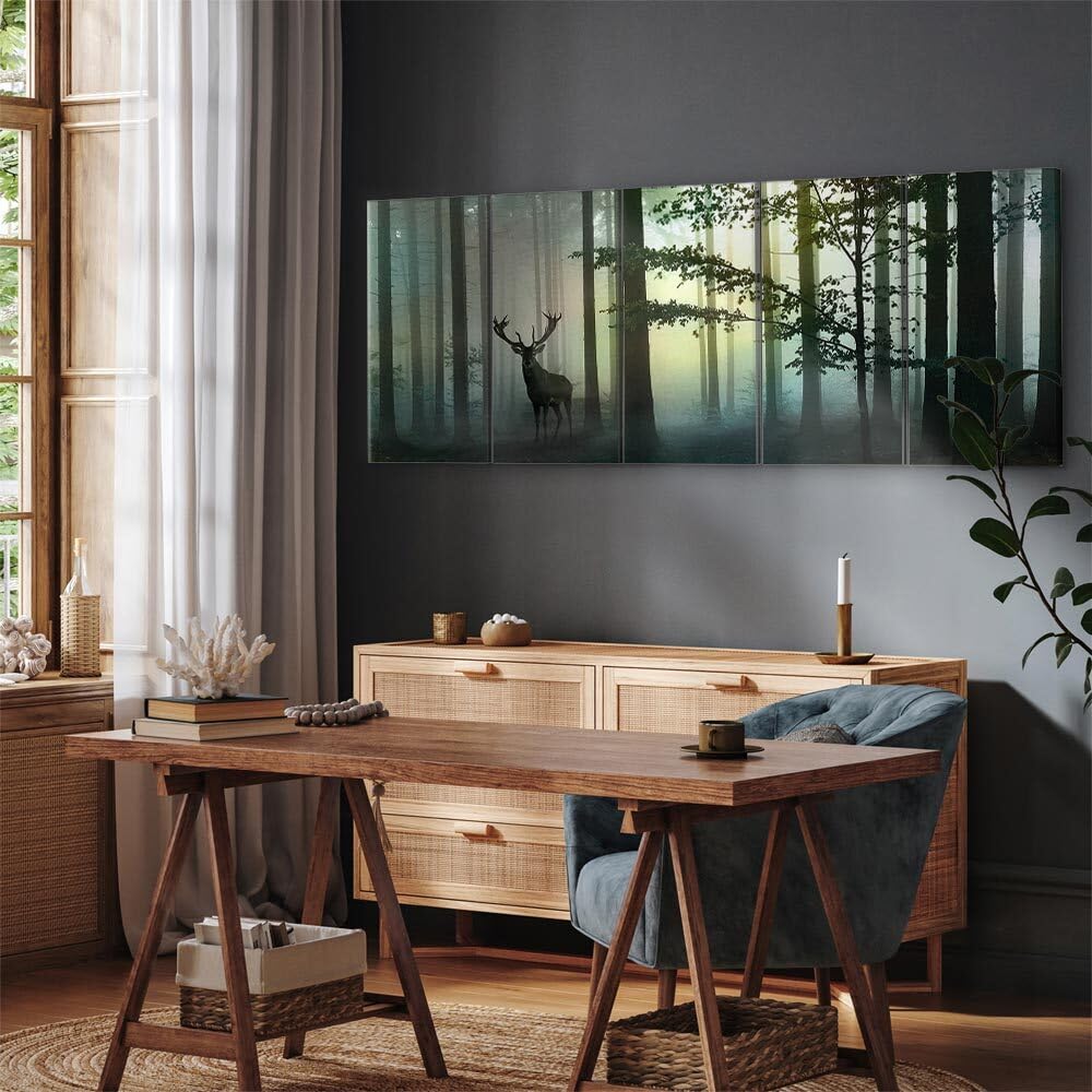 decomonkey Bilder Hirsch 225x90 cm 5 Teilig Leinwandbilder Wandbild Tiere | Bild auf Leinwand, Kunstdruck, Wanddeko, Wohnzimmer, Wanddekoration, Wald, Natur