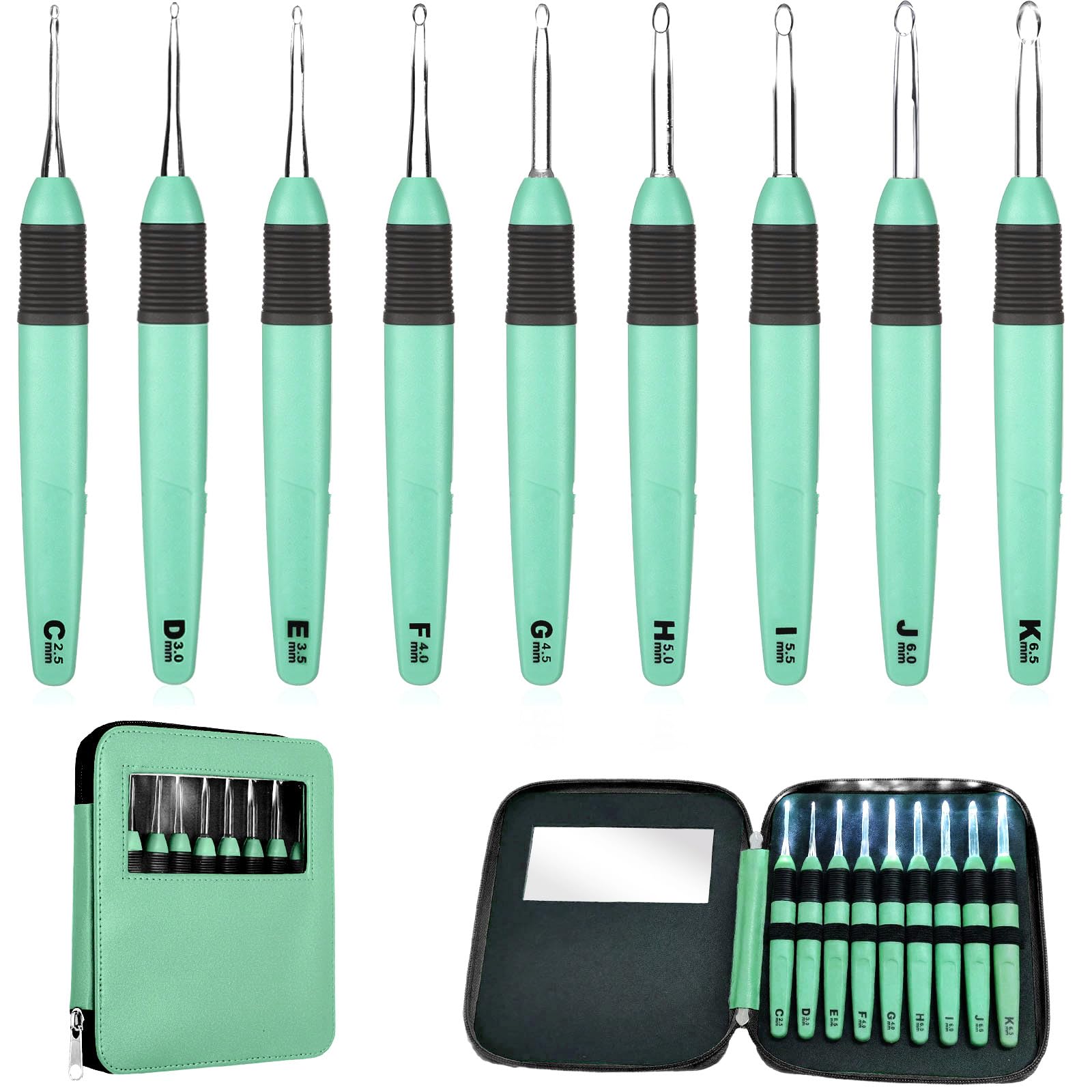 Chuangdi 9 Pcs Lighted Crochet Hooks with Case, LED Knitting,Green