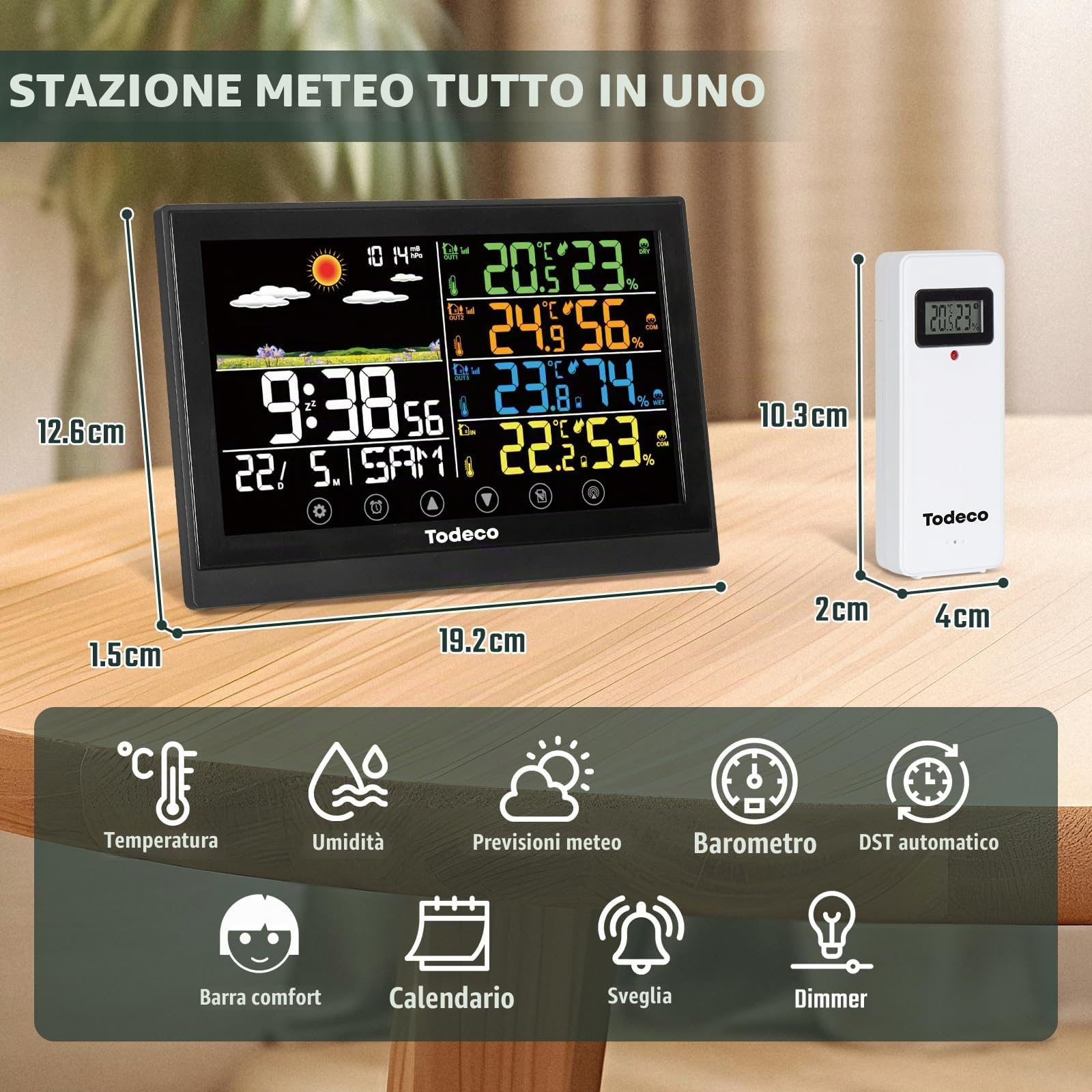 Todeco Stazione Meteo Wireless con 3 Sensori e Display a Colori | Temperatura, umidità e previsioni meteo, display LCD a colori, adattatore AC, allarme, calendario e DST automatico