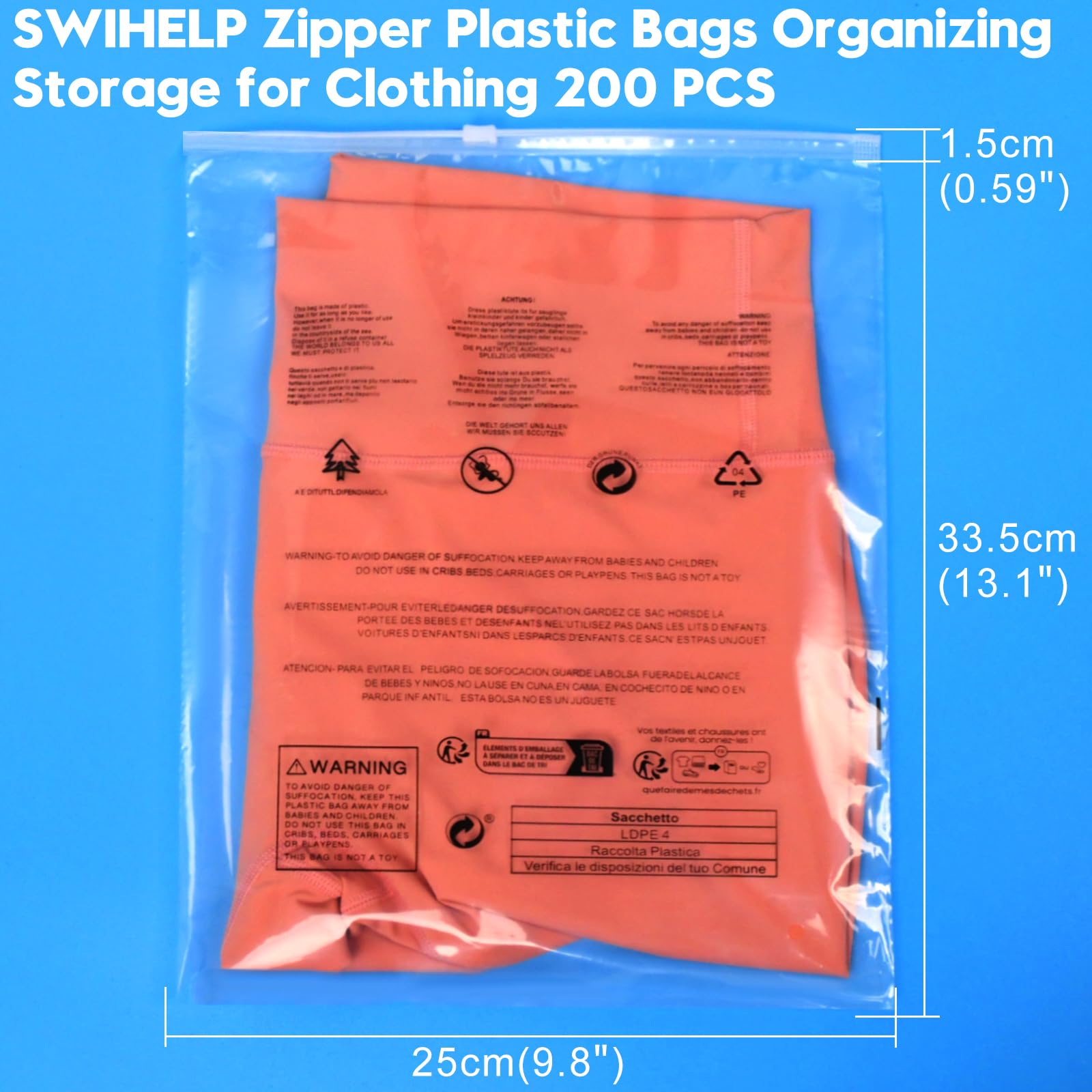 Sac Zip Réutilisable，200 Pièces 25 x 35 cm Voyage Sacs Zippés Transparents Plastique Sac de Rangement Pour Vêtements (Sans Aérations)