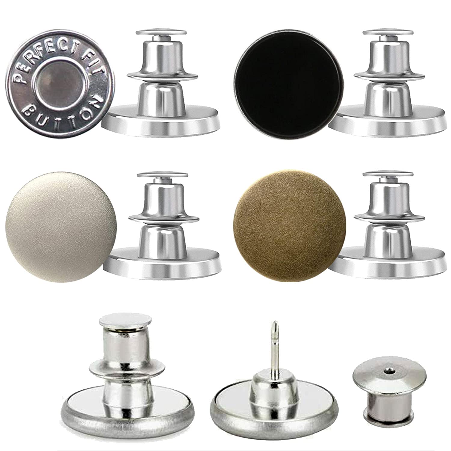 Button Pins for Jeans, No Sew Instant Jean Button Pins, 4 Styles Adjustable and Removable Button Pins Jean Replacement, Metal Clips Button Extend or Reduce Any Pants Waist, 4 Sets