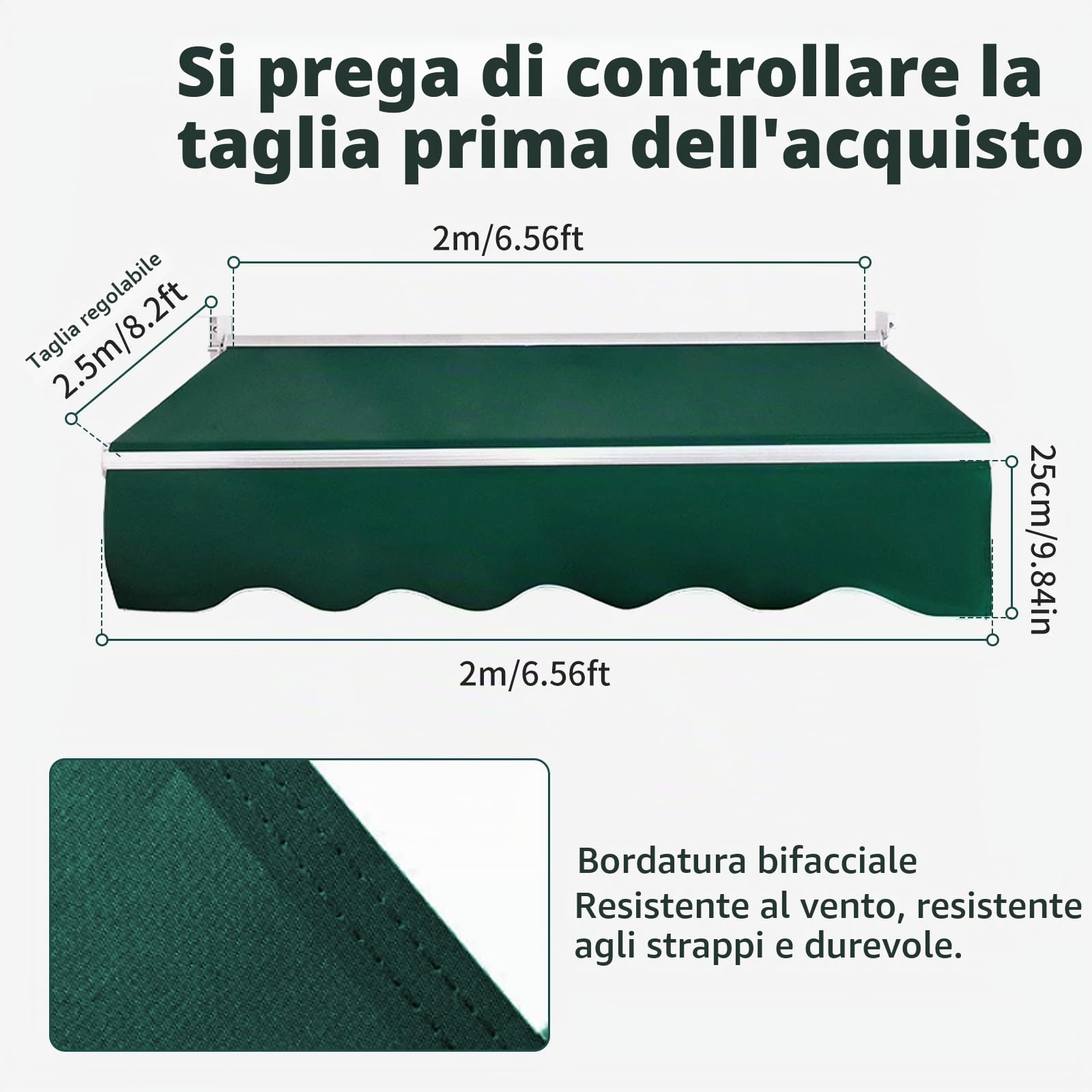 Tessuto per tenda da sole con mantovana, protezione UV, impermeabile, tessuto di ricambio per tenda da sole in tela, per esterni, per giardino, balcone, cortile (verde scuro, 2,5 x 2 m)