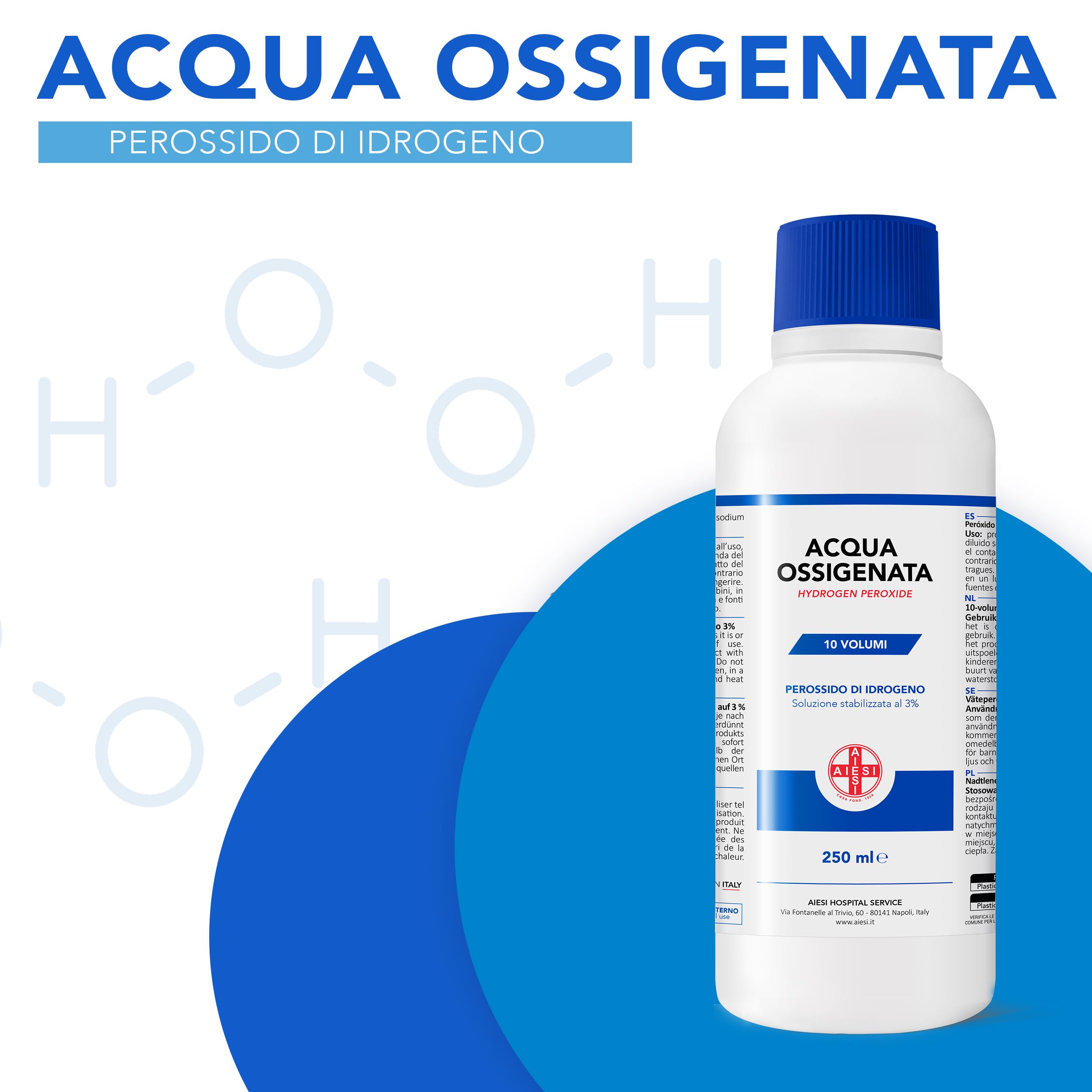 AIESI® Eau Oxygénée Ph.Eur. désinfectant (12x250 ml) avec bouchon de sécurité pour enfants, Made in Italy