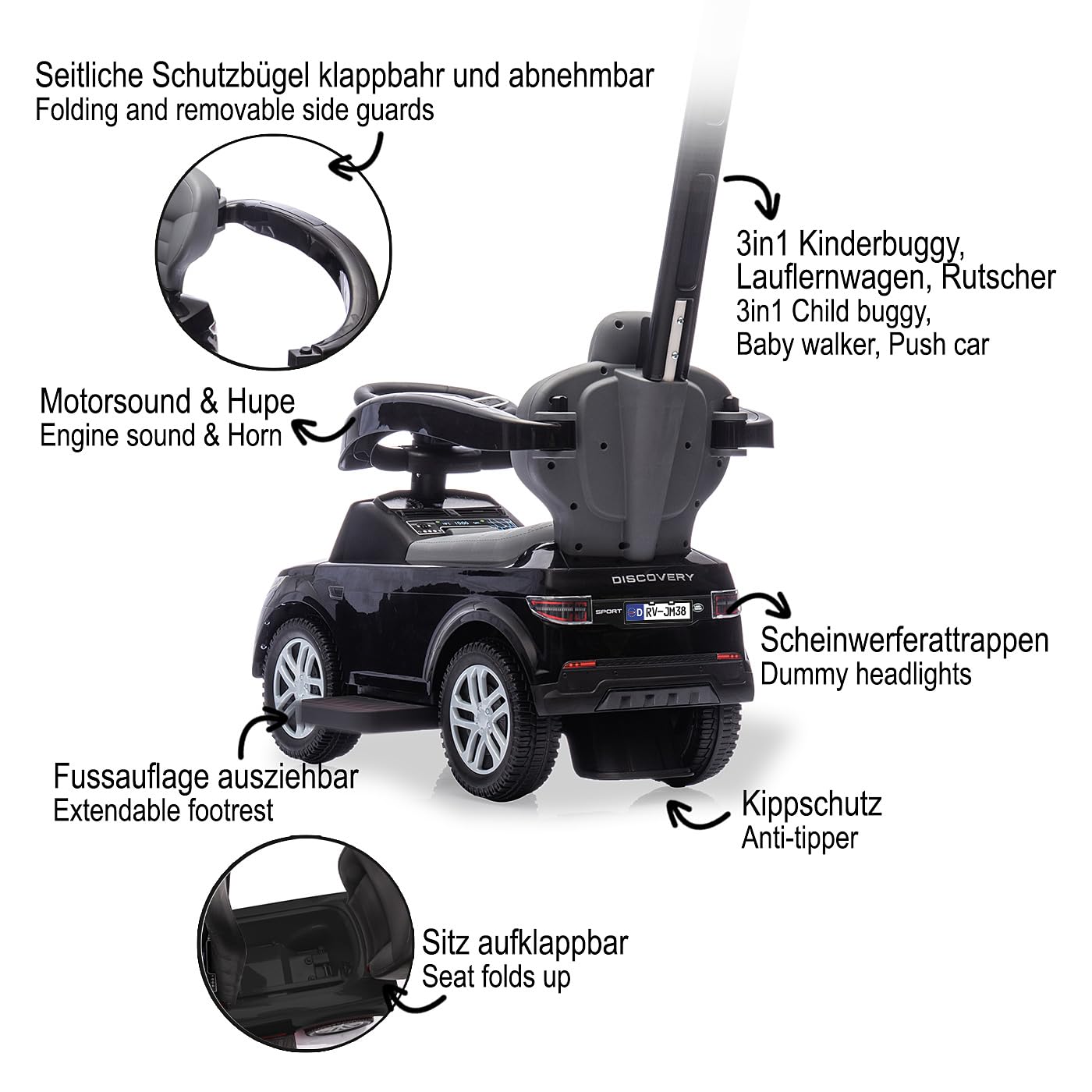 JAMARA 464060 Rutscher Land Rover Discovery 3in1, Rutschauto mit Schubstange, Kinder Fahrzeug Car, Spielzeug Rutscher, Geschenkidee für Kinder, Kippschutz, Schub- und Haltestange