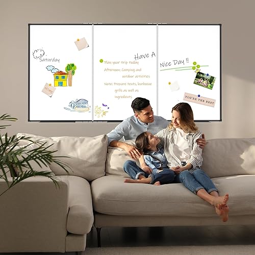 Miniatura 7 de Pizarra blanca grande para pared, pizarra magnética de borrado en seco, plegable de 72 x 48 pulgadas, marco de aluminio negro, con 3 bandejas de