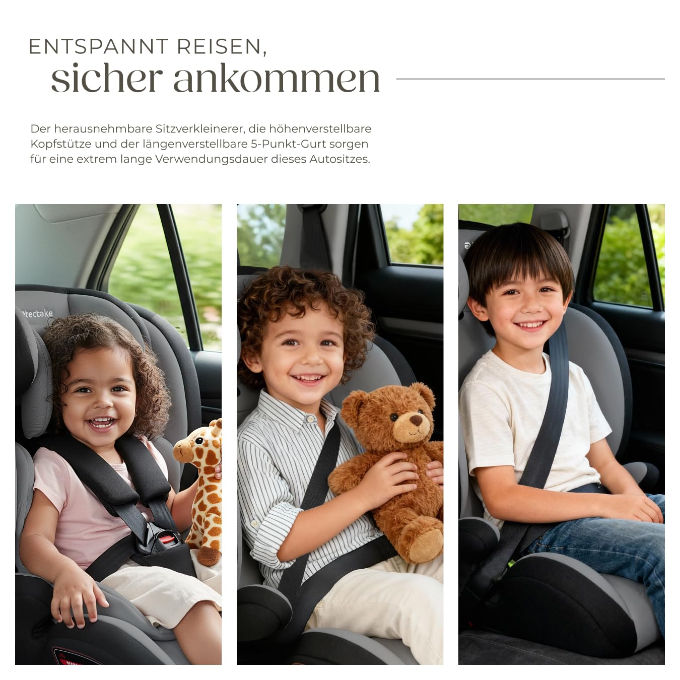 tectake® Autositz mit 5-Punkt-Gurt, i-Size Zulassung, mit Seitenaufprallschutz, Kindersitz Sitzerhöhung für Kinder von 76-150 cm, bis 36 kg, Kindersitzerhöhung, ohne Isofix - dunkelgrau/schwarz
