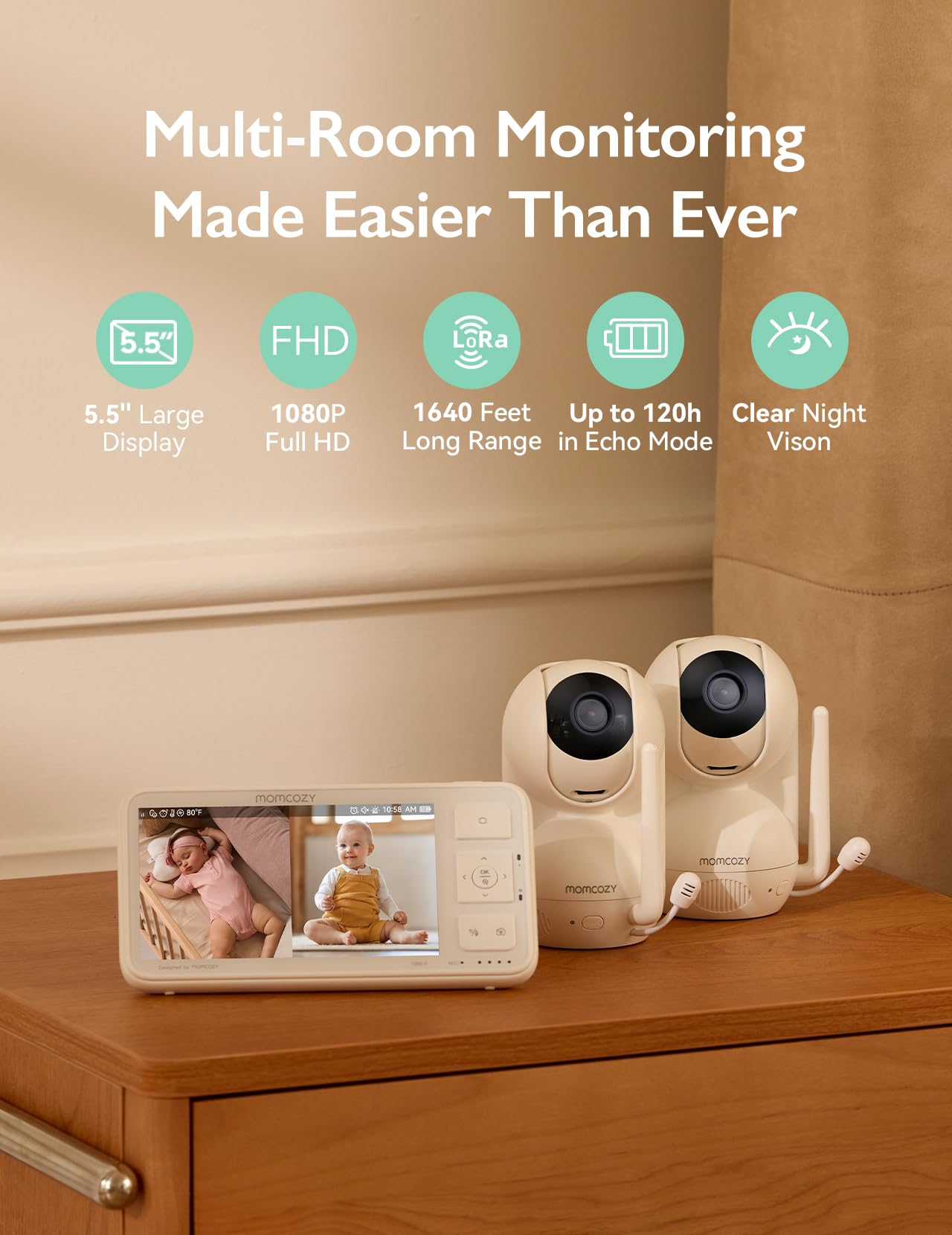 momcozy Elektroniczna niania z 2 kamerami, 5,5 cala 1080p FHD video elektroniczna niania z 2 kamerami