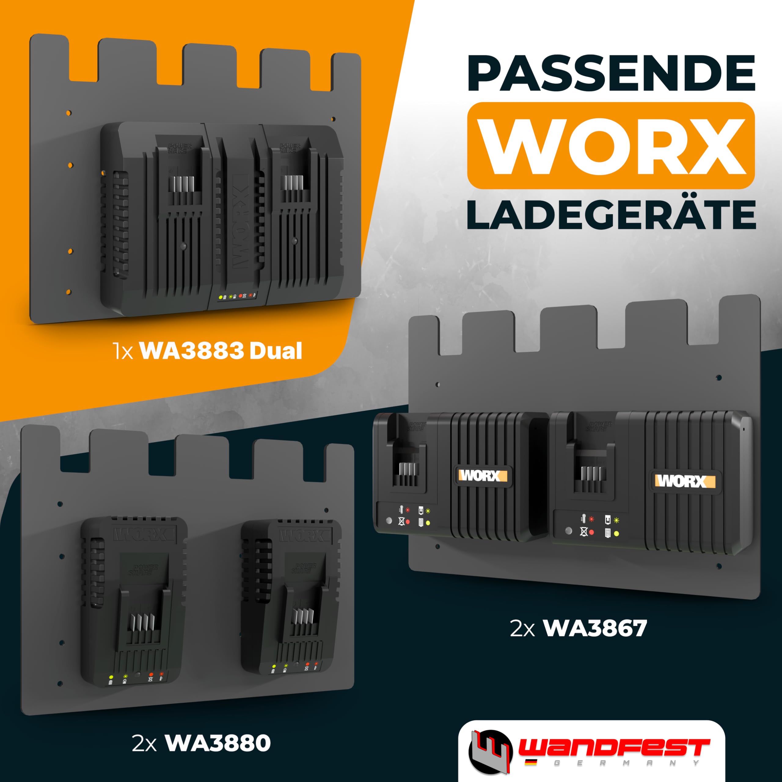Wandfest® Wandhalterung für Worx Akkus und Ladegeräte - Das Original [Made in Austria] Worx Akku Halterung für 4 Akkus - Jetzt mehr Ordnung in Werkstatt und Garage