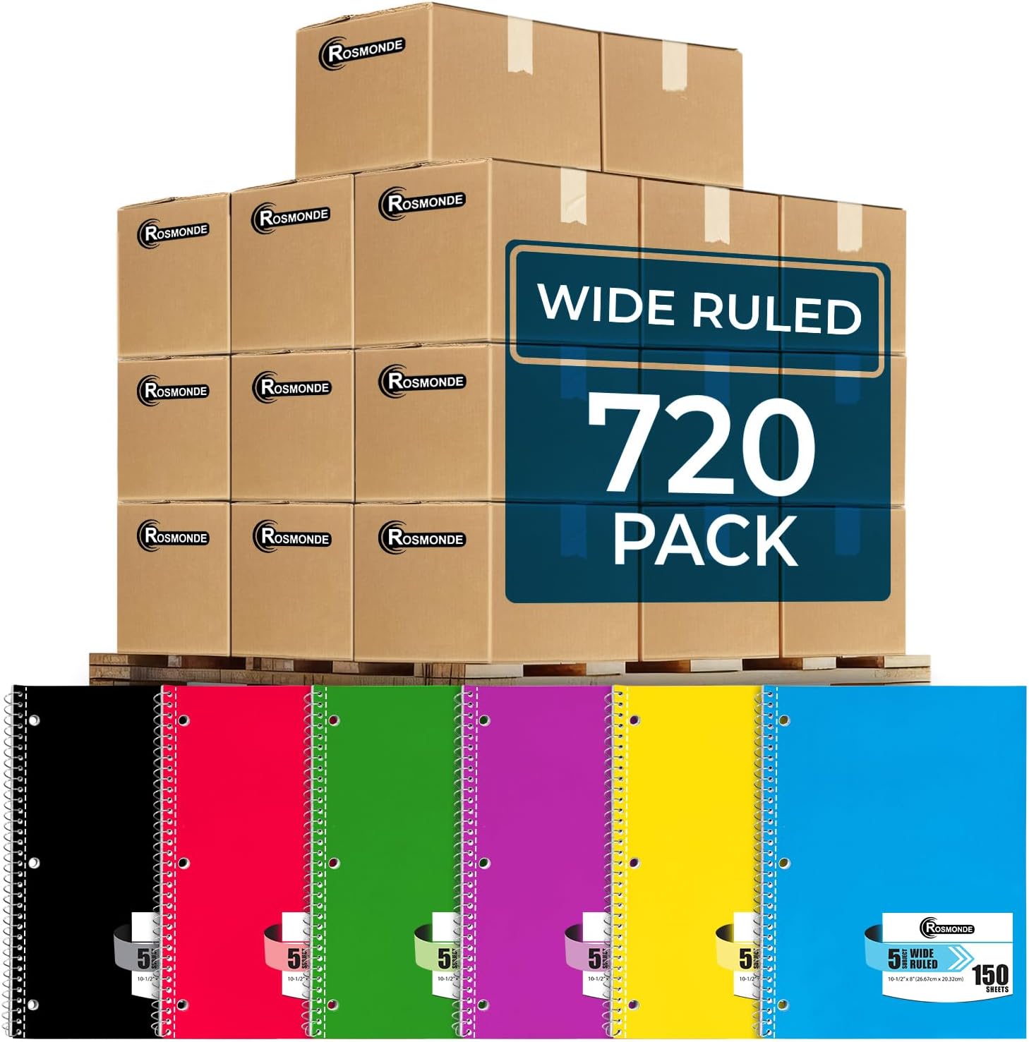 Rosmonde 720 Packs (Pallet) 5 Subject Notebooks, Spiral Notebook Bulk, Wide Ruled, Pallet of Notebooks, 150 Sheets (300 pages), 8 x 10-1/2", Bulk Spiral Notebooks for School & Office, 4-7 Days Transit