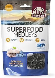 Wild Eats Cod Skins for Dogs, Superfood Healthy Dog Treat Training, 3oz Limited Ingredient Real Blueberry & Cod High in Antioxidants, High Protein, and Marine Collagen for Small, Medium and Large Dogs