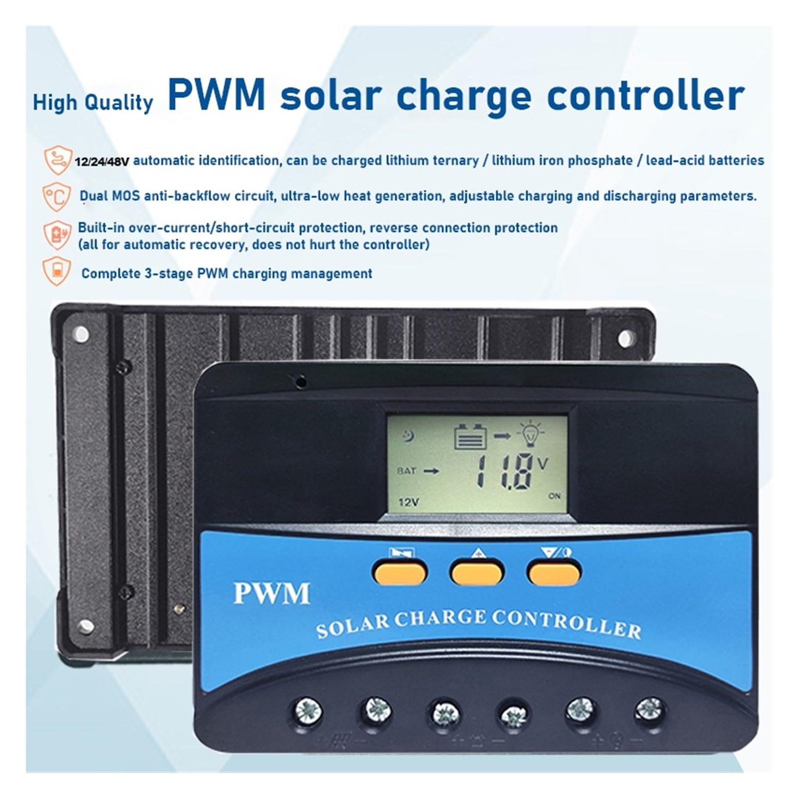 Regolatore di Carica Pannello Solare, Regolatore di Carica Solare 40A 50A 60A Regolatore di Carica PWM 12V 24V 48V Regolatore del Pannello Solare Display LCD Dual USB 5V(50A)
