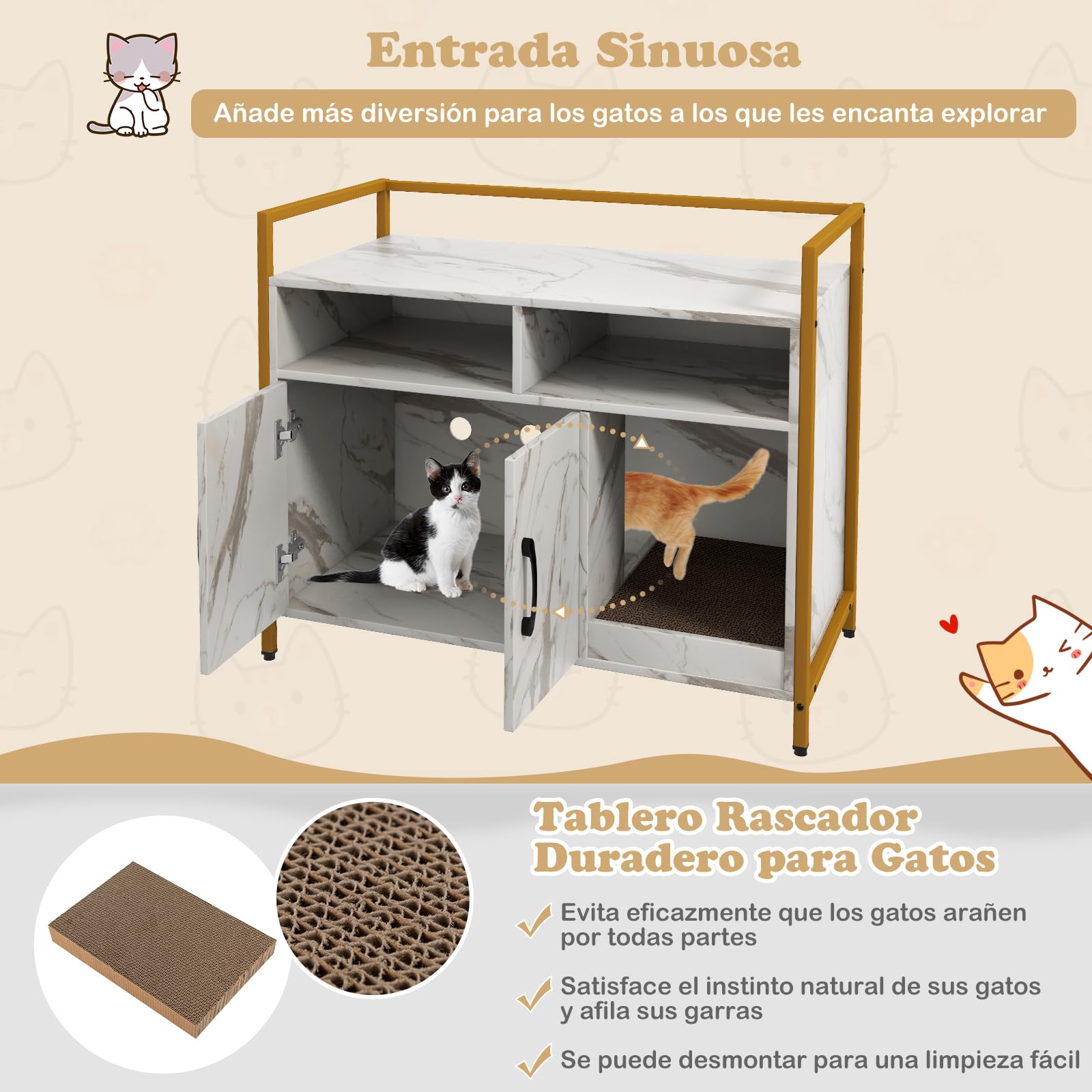 GOPLUS Mueble Arenero para Gatos, Caja de Arena para Gato con Estructura de Metal, Aseo Cerrado con Estantes, Casa de Mascotas Interior, Lavabo Oculto para Mascota, 89 x 45 x 74,5 cm (Mármol)