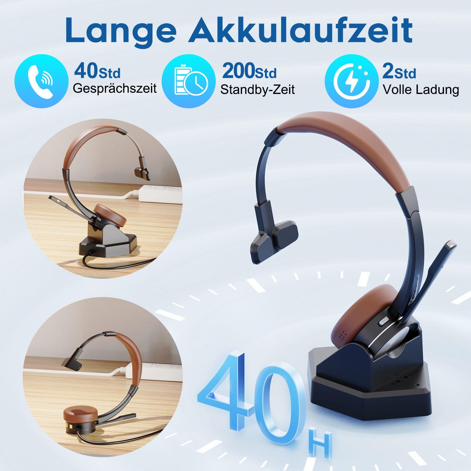 Kabelloses Headset mit Mikrofon, Bluetooth Headset mit Ladestation, Mono Wireless Kabelloses Headphone mit Mikrofon und USB Dongle, Call Center Headphone für Computer Laptop Teams Büro Zoom