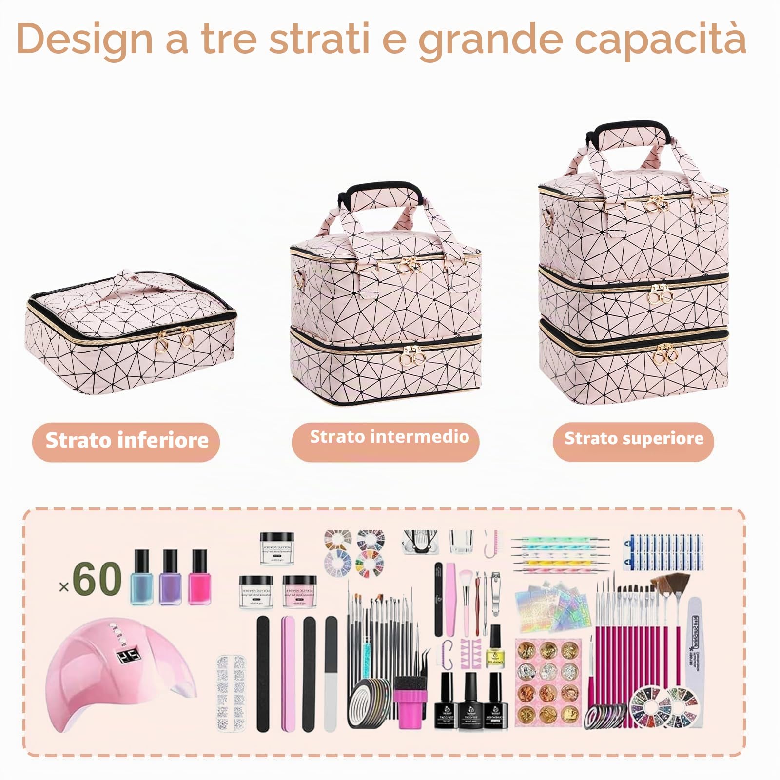 Borsa organizer per smalto unghia, grande capacità, tre strati, custodia da viaggio con tracolla, rosa, per 84 bottiglie di smalto unghia