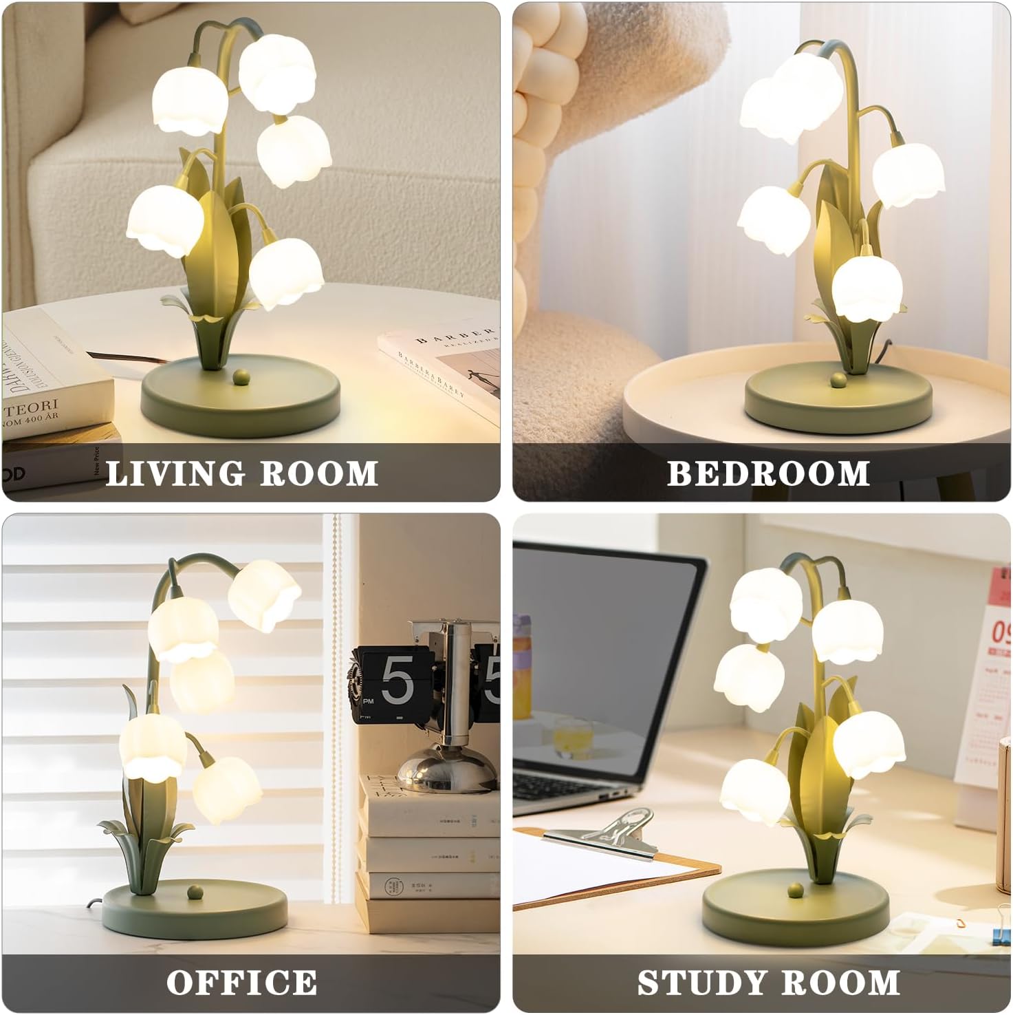 Green Flower Table Lamp, Bedside Vintage Table Lamps Lily of The Valley Lamp with 3 Color Modes, Kawaii Cottagecore Light for Bedroom, Dorm, Living Room,Home Decor (Green)