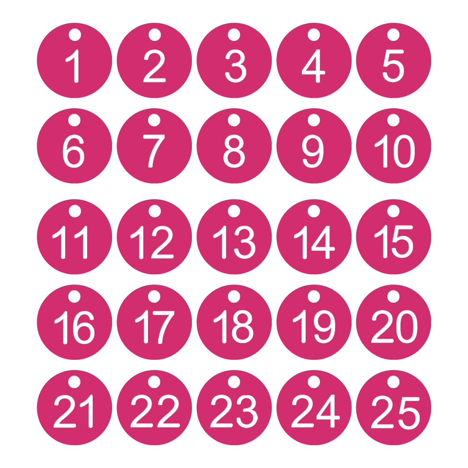 PATIKIL 1-25 Number Tags, 25Pcs Round ID Number Key Tags Plastic Numbered Keychain for Luggage Lockers Organizer Field Sales Hangers Clothes Labels, Rose Red-White