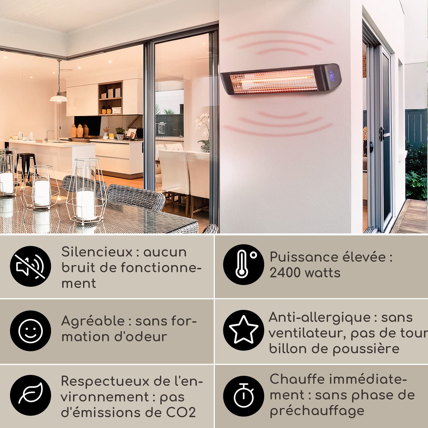 Klarstein Chauffage Electrique à Infrarouge, Chauffage de Jardin 2400W, Smart WiFi App, Minuterie, Affichage LED, Exterieur Terrasse pour Veranda, d'Appoint Econome, Sans CO2