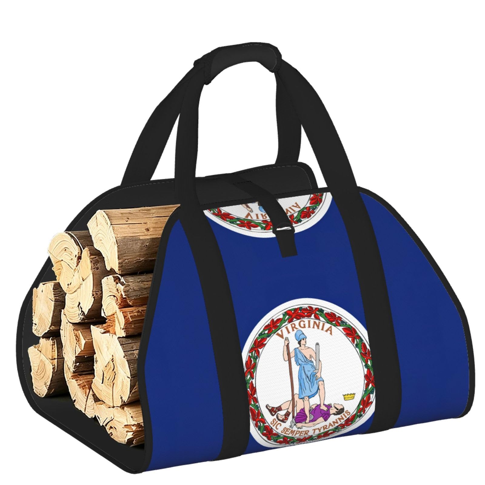 Flag of Virginia Printed Firewood Log Carrier, Large Tote Bag with Reinforced Handles for Camping Fireplace Home