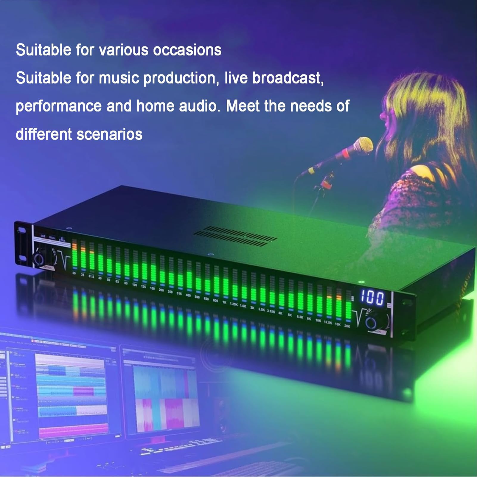 Equalizador Gráfico Estéreo De 31 Bandas, Ecualizador De Ajuste De Eq Digital De Inicio con Pantalla De Espectro Led - 21 Efectos Preestablecidos, Reducción Automática De Ruido, con Ajuste Bajo/Medio