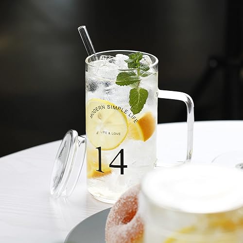 Miniatura 6 de LUXU Vaso con asa, tapa y popote de vidrio, juego de 1 vasos altos de 19 onzas, vasos altos transparentes para agua, jugo, cerveza, bebidas,