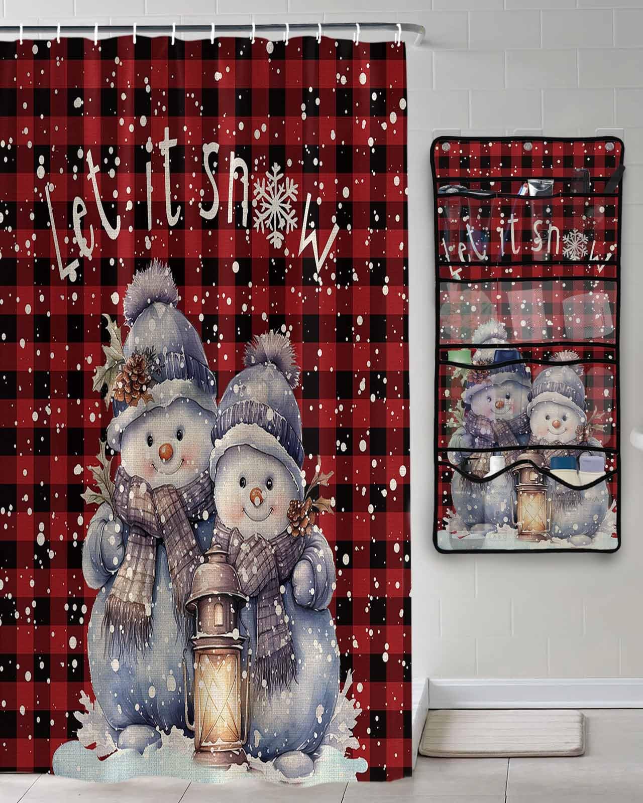 Shower Curtain Mesh Shower Organizer Hanging Set Christmas Cartoon Snowman Red Black Plaid Waterproof Shower Curtains with 10