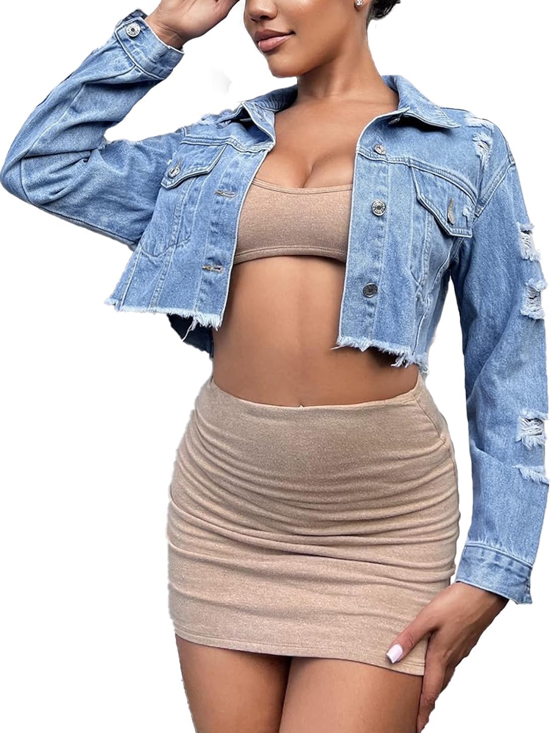 AiiUp Cropped Jean Jacket for Women Long Sleeve Classic Casual Crop Top Denim Jackets Coat