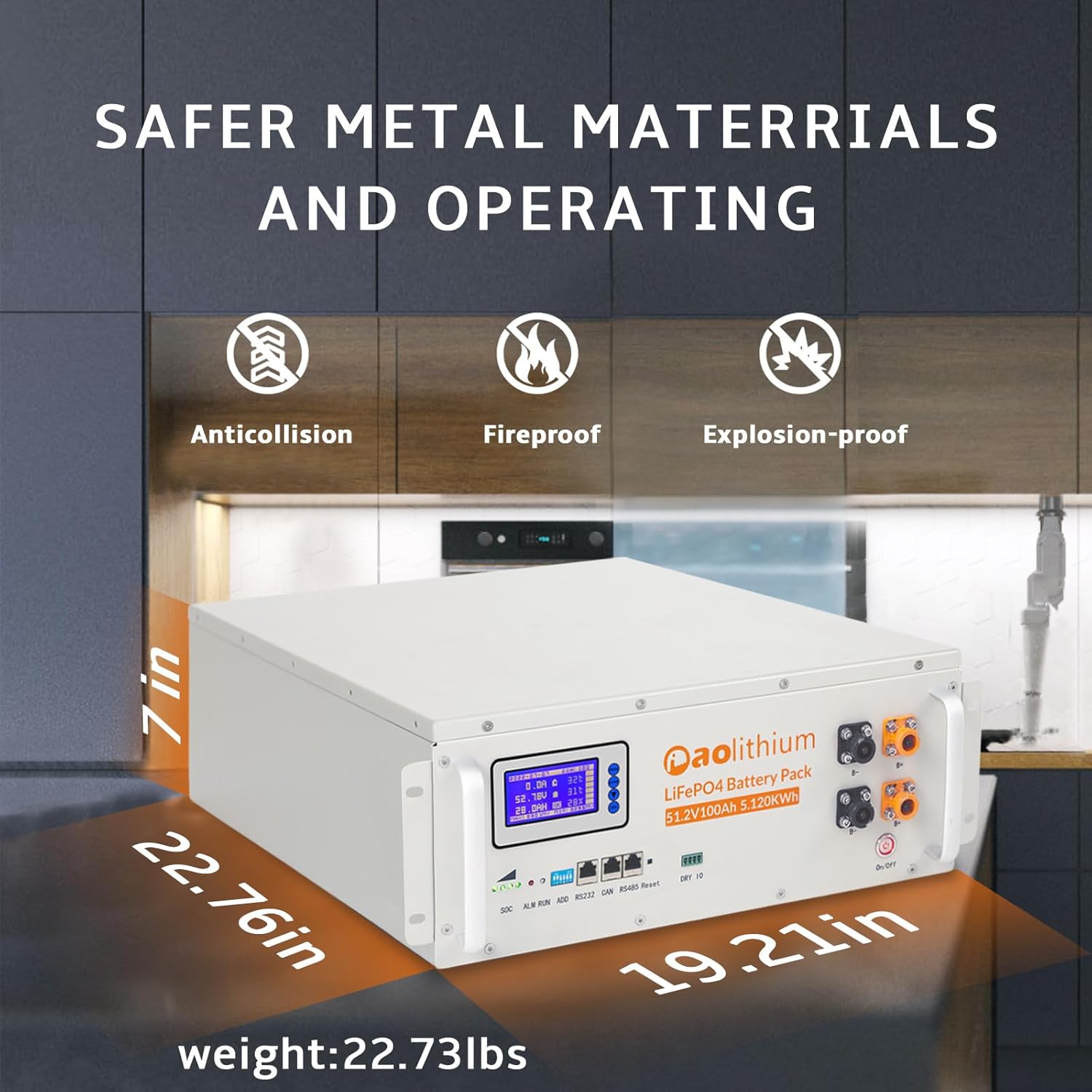 A single AOLITHIUM 51.2V 100Ah LiFePO4 battery showing dimensions (7in H, 22.76in L, 19.21in W) and safety icons for anticollision, fireproof, and explosion-proof.