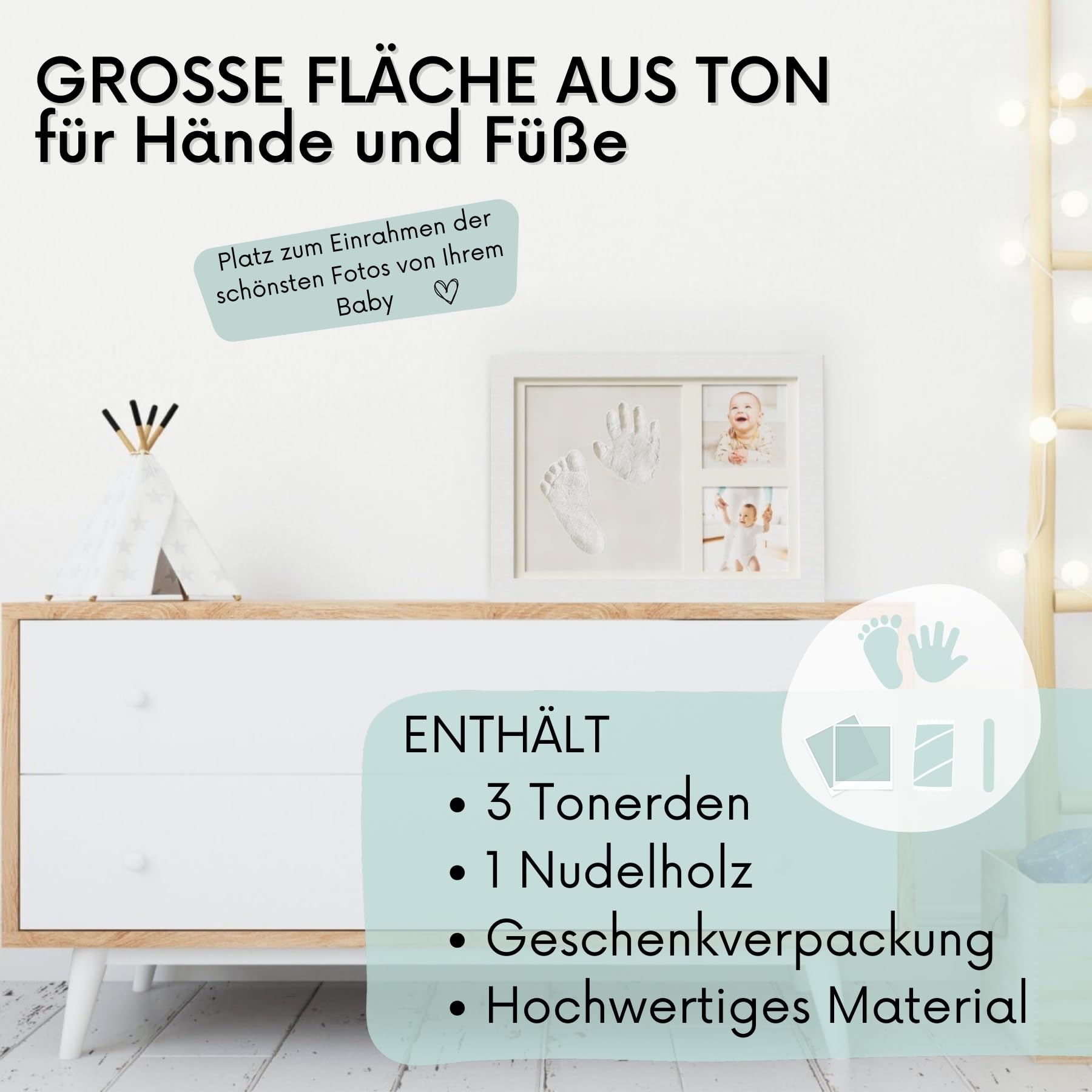 HuBorns - Baby handabdruck und Fußabdruck - Bilderrahmen Fußabdruck Hand Und Fuß, Set Gipsabdruck für Neugeborene - Baby-Erinnerung für Immer und Dekoration des Kinderzimmers (Weiß)