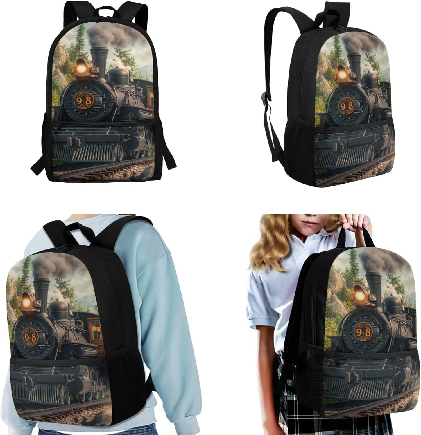 Retro Steam Engine Train Backpack for Boys 5-7 with Lunch Box Cool School Bag and Lunch Bag 17 Inches School Backpacks Lunchbox Pencil Case Water Bottle Holder, 4-in-1