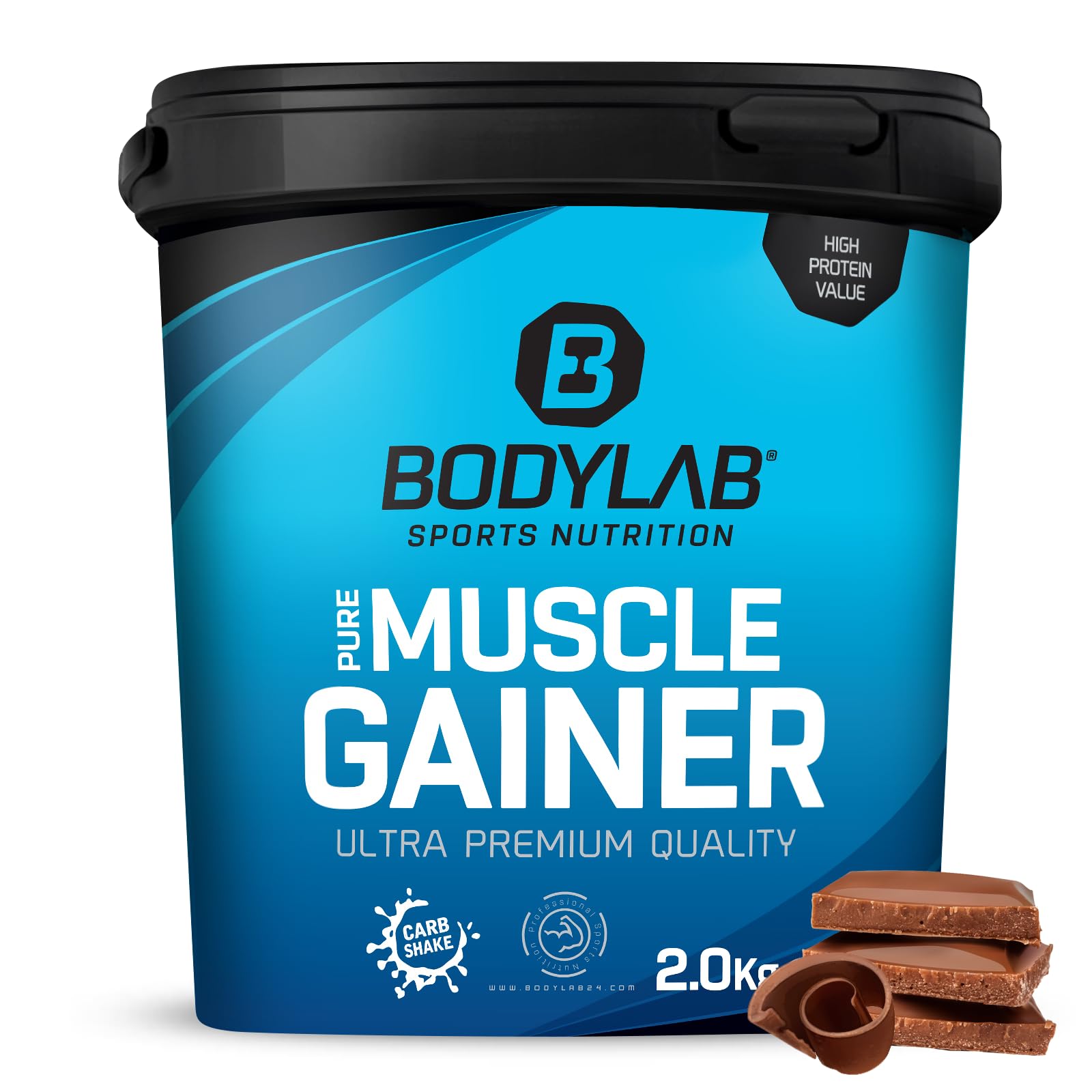 Bodylab24 Pure Muscle Gainer Cioccolato 2000g, 33g di carboidrati naturali, 40g di proteine e 12g di grassi per 100g, arricchito con creatina monoidrato, ideale per la costruzione della massa