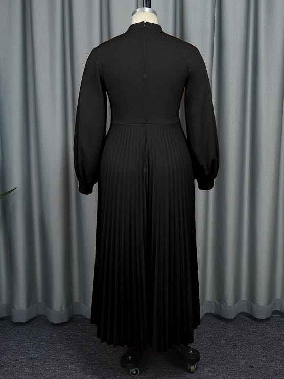AOMEI Women's Cutout Long Pleated Church Dress Puff Sleeve Stand Collar Casual Dresses for Women Classy