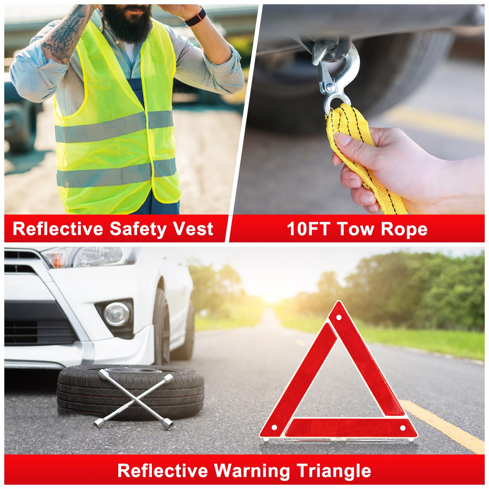Car Roadside Emergency Kit - Car Emergency Kit with Jumper Cables, Tow Rope, Folding Shovel, Safety Hammer, Reflective Warning Triangle, Car Safety Kits for Men, Women, Teenagers
