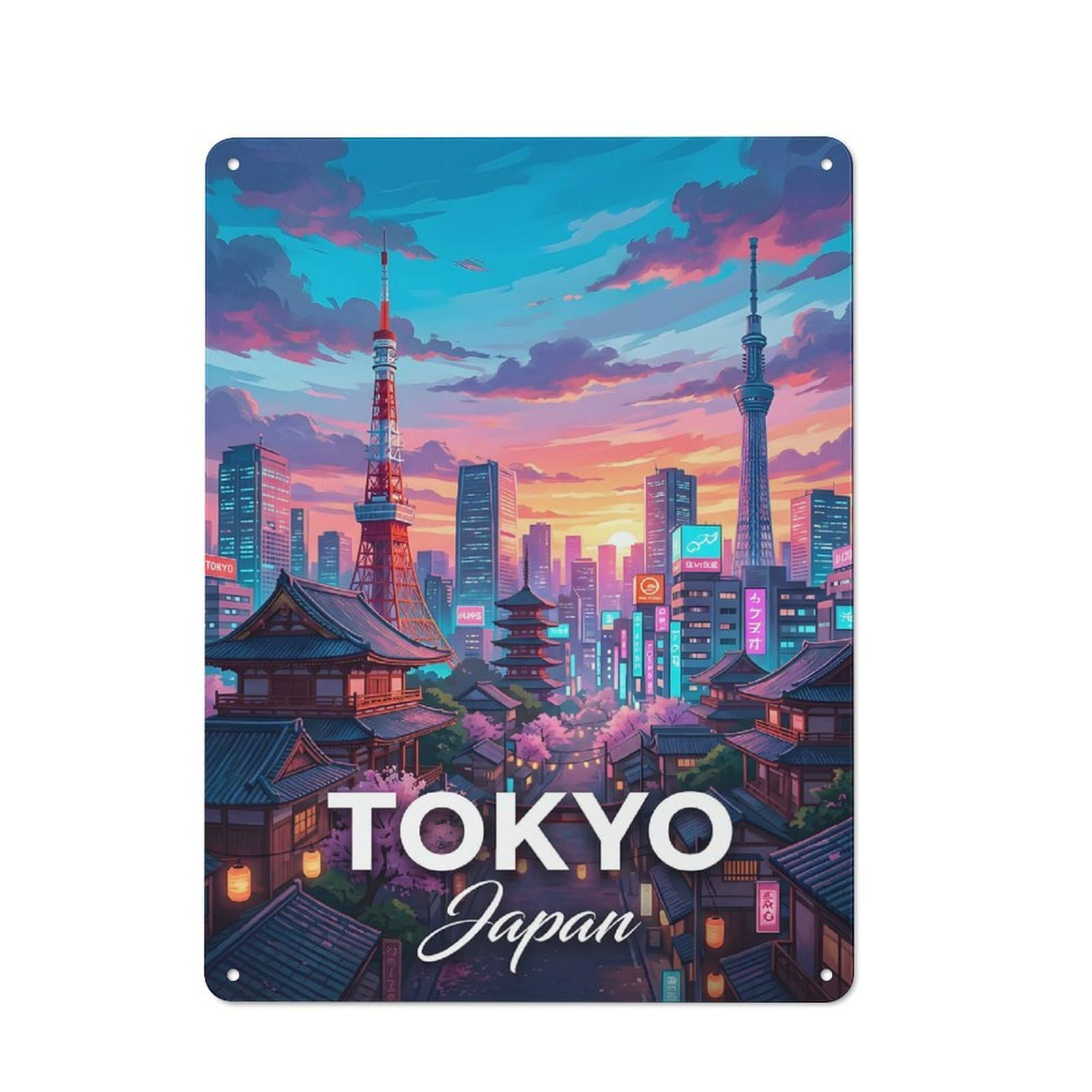 Junmoney Style-8 Tin Wall Plaque 40X30cm With Tokyo Japan Cityscape At Sunset For Café Or Restaurant, Housewarming Present For People Styling Café And Restaurant