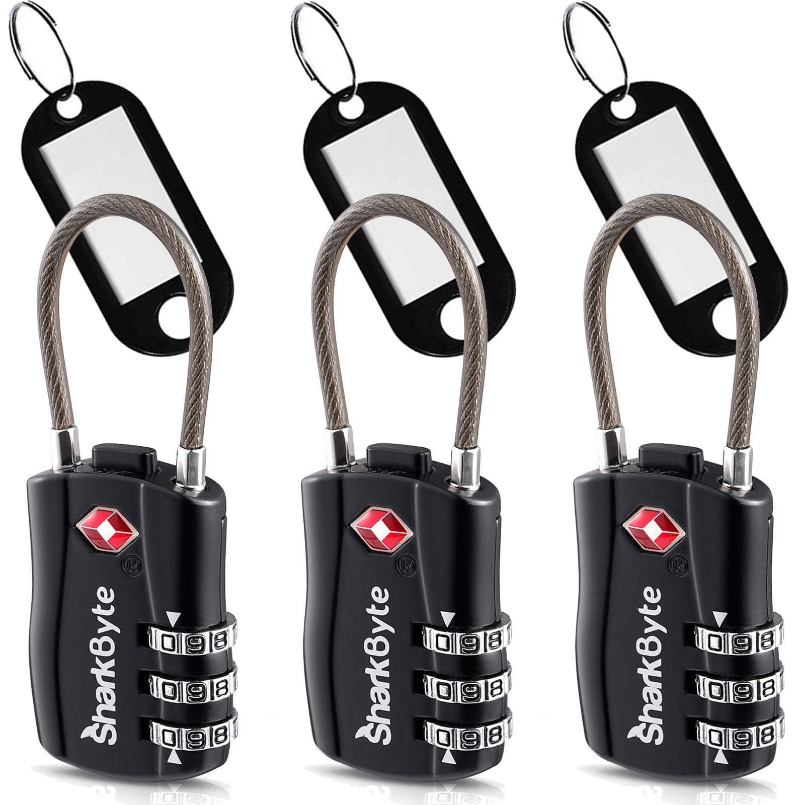 Sharkbyte Black Tsa Approved Luggage Locks - 3-Dial Security Travel Combination Padlocks With Tags, Flexible Cable Wire Travel Locks For Suitcases, Gym Bags & Small Suitcases - 3 Pack
