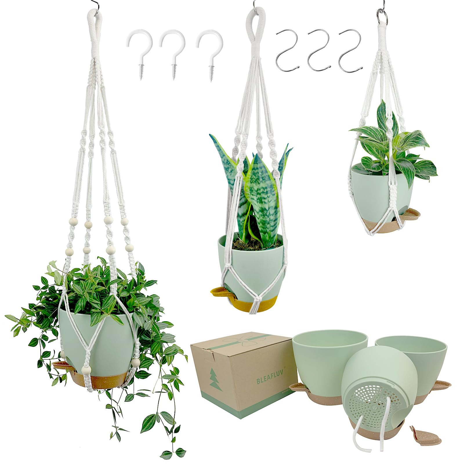 Hanging Planters with Macrame Plant Hangers for Indoor Outdoor Plants,3 Set Hanging Baskets Flower Pots Holders 35‘’/27‘’/21‘’,Self-Watering Pots 7‘’/6‘’/5.5‘’,Boho Home Decor (Green)