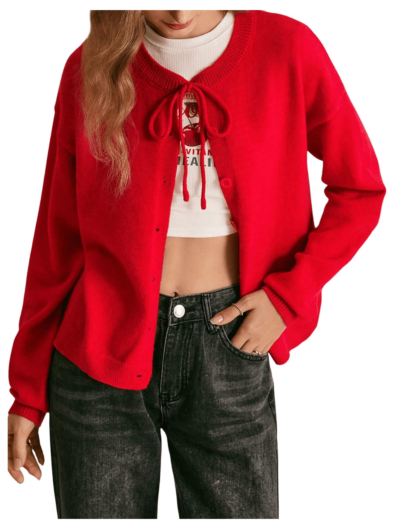 Verdusa Womens Tie Neck Button Up Cardigan Cozy Sweater Fall Knit Outerwear