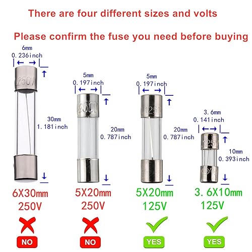 Miniatura 5 de BOJACK Fusibles de luz de Navidad de 0.197x0.787 in 125V 0.5A 1A 2A 3A 4A 5A 8A 10A 15A Fusible de vidrio de soplado rápido 3.6X10mm Mini fusible