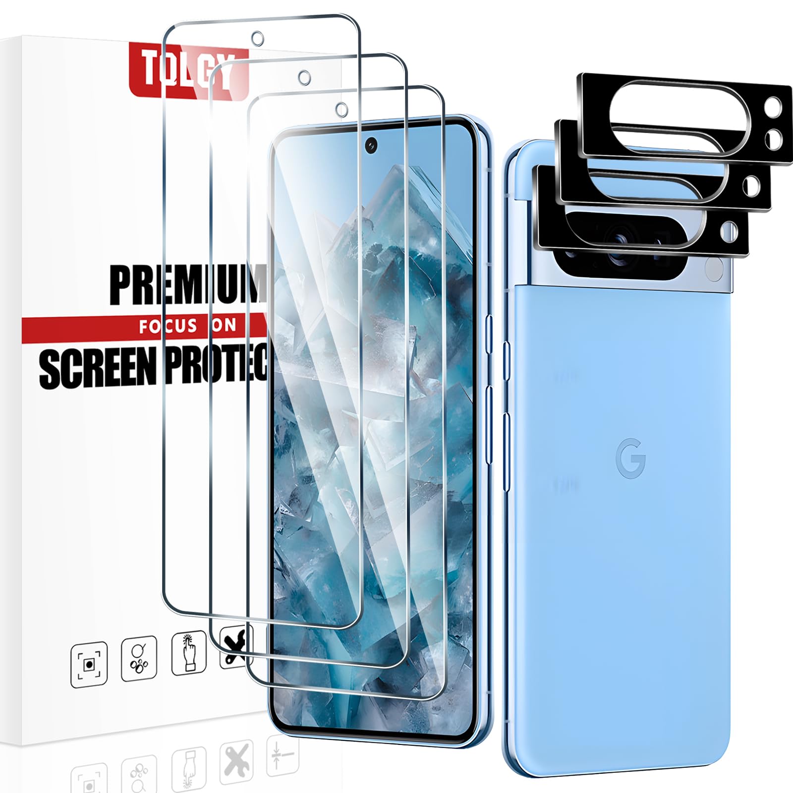 TQLGY 3 Pack Screen Protector for Google Pixel 8 Pro with 3 Pack Camera Lens Protector, 9H Tempered Glass Film, Fingerprint Unlock Compatible, Ultra HD, Anti Scratch, Bubble Free, Case Friendly