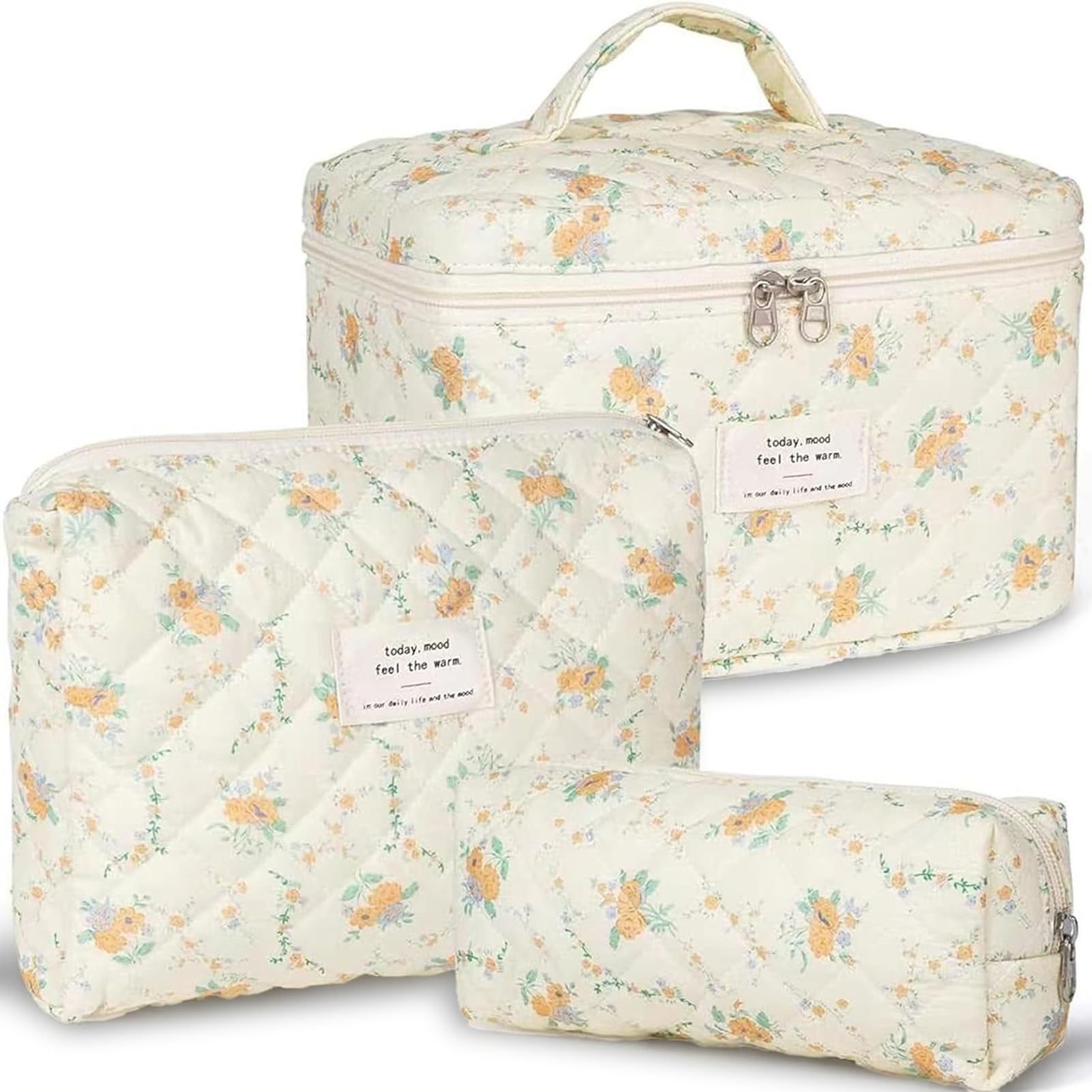 TOPALL Floral Cotton Quilted Makeup Bag Set, Classic Toiletry Bag, Cosmetic Pouch, 3 Sizes (Large+Medium+Pouch), Orange Flower