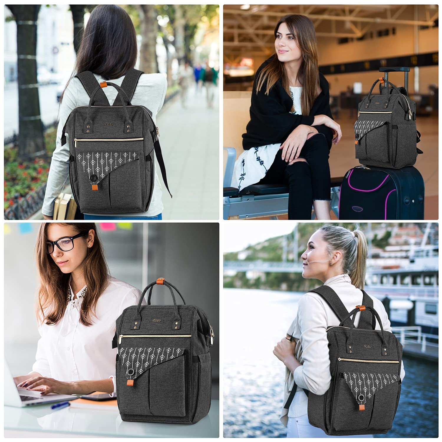 Sac à Dos Femme, Sac à Dos Ordinateur Portable, avec USB Charging Port Sac a Dos PC Portable pour Loisir, Scolaire, Affaire Noir