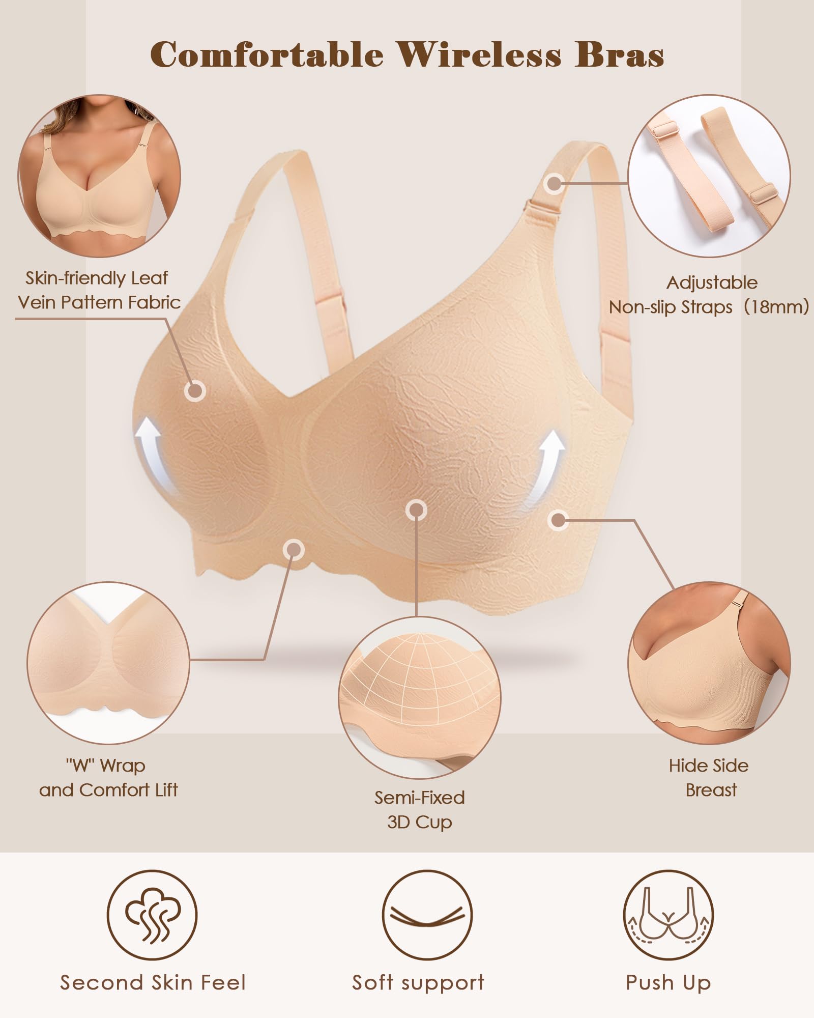 HORISUN Reggiseni senza cuciture, senza ferretto, da donna, ondulato, scollo a V, supporto morbido, copertura completa, comodo