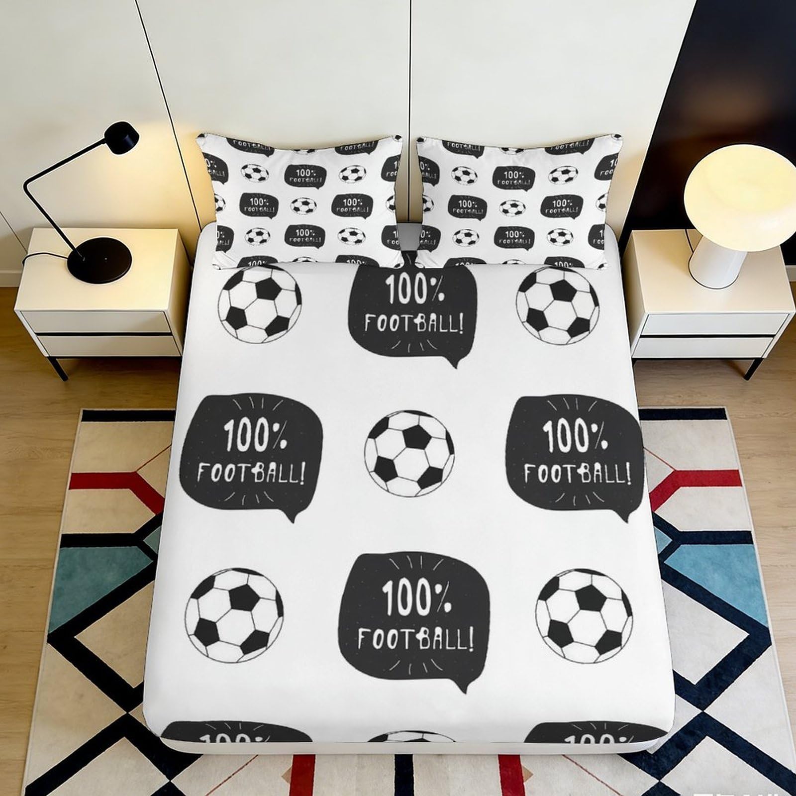 Pnayamiorkfel Style-5 3D Printed Football Pattern Fitted Sheet Microfiber Black White Soccer Theme Bed Cover For Bedroom Guestroom Decor 90X200x25cm