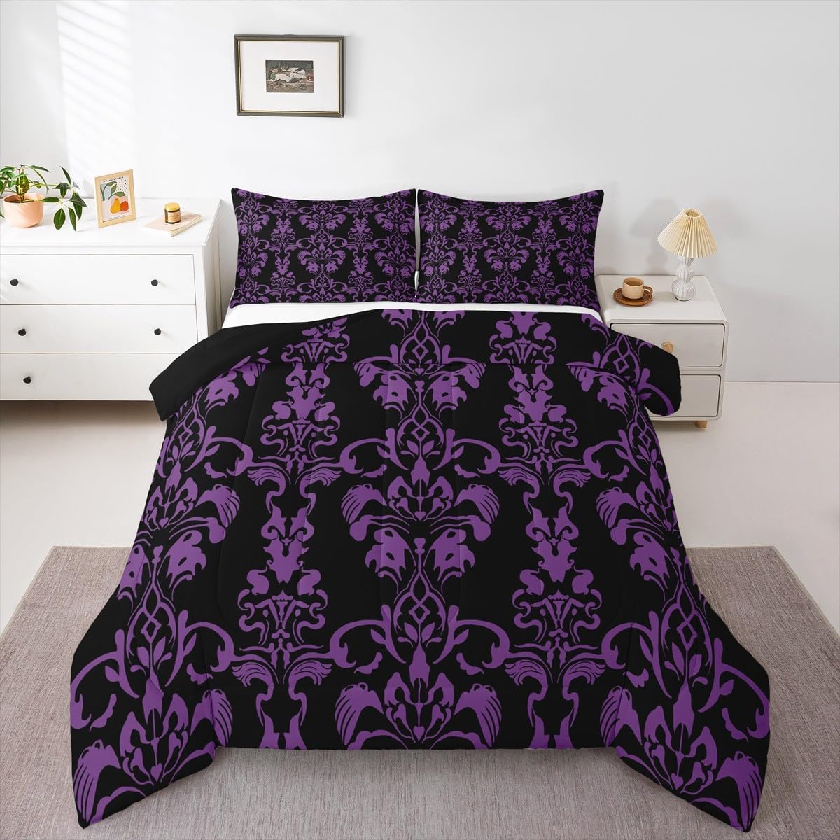 Kids Damask Floral Bedding Set Queen Size Exotic Floral Duvet Quilt For Boys Girls Teens Bedroom Decor Vintage Jacquard Comforter Set Deep Purple Black Breathable Soft Lightweight Microfiber 3Pcs