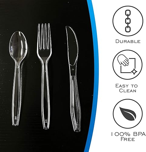 Miniatura 2 de EDI Juego de cubiertos de plástico transparente, 32 tenedores, 32 cuchillos, 32 cucharas (6)