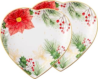 8 Inch Heart Shape Plate with Christmas Pattern, Ceramic Tray for Serving Appetizer, Cake, Candy and Holiday Dishes, for Holiday Table, Christmas Party or Festival Celebrations, Set of 2, Red Berries