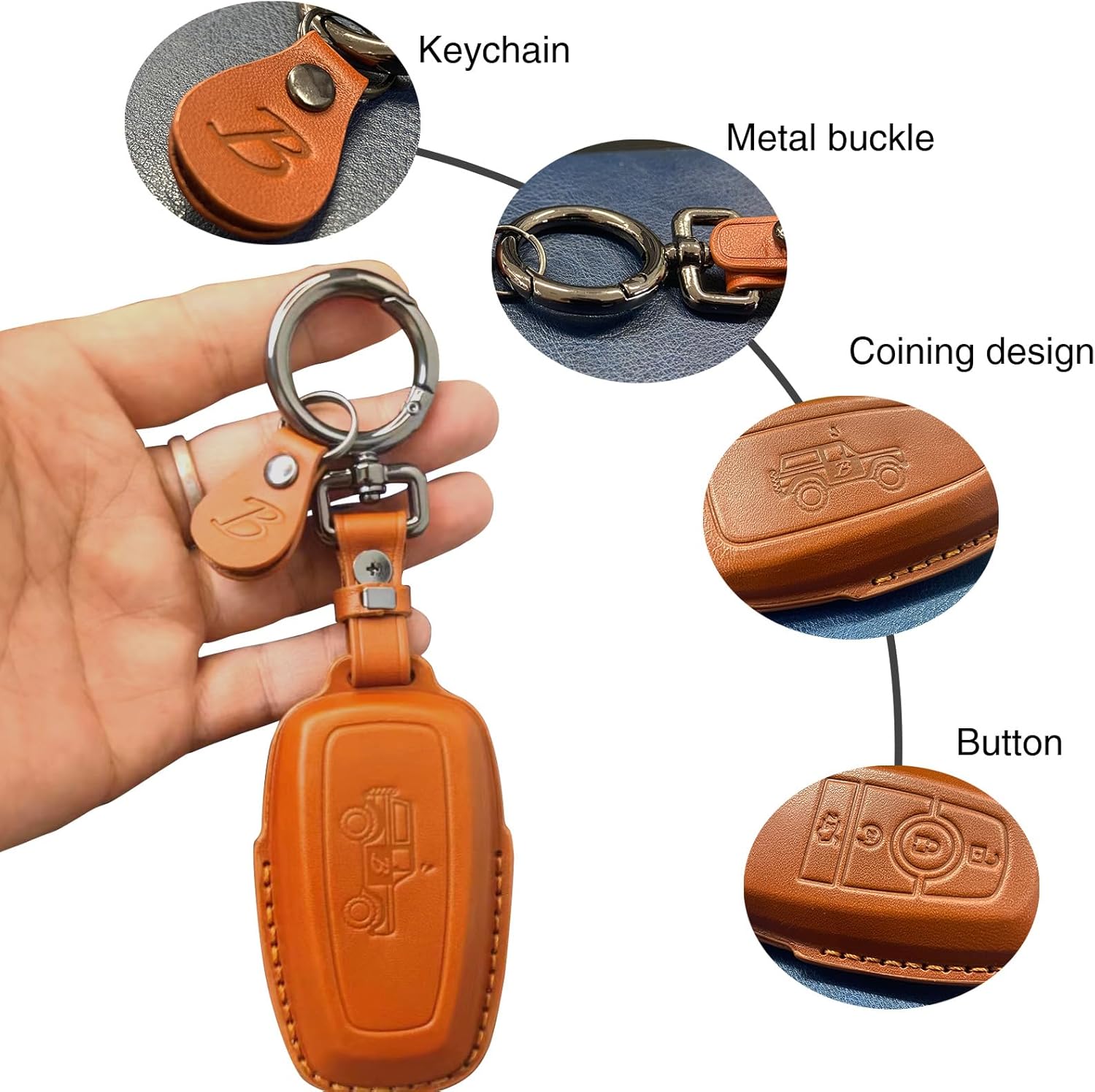 Car fob Cover Compatible with Ford Bronco.Genuine Leather Key Fob Cover with Keychain- Yellow (Yellow)