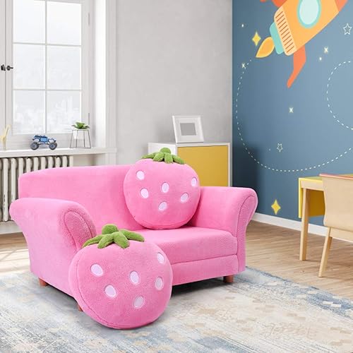 Miniatura 8 de ARLIME Sofá para niños, sillón tapizado para niños pequeños con respaldo ergonómico y 2 almohadas de fresa, sillón de doble asiento para niños y