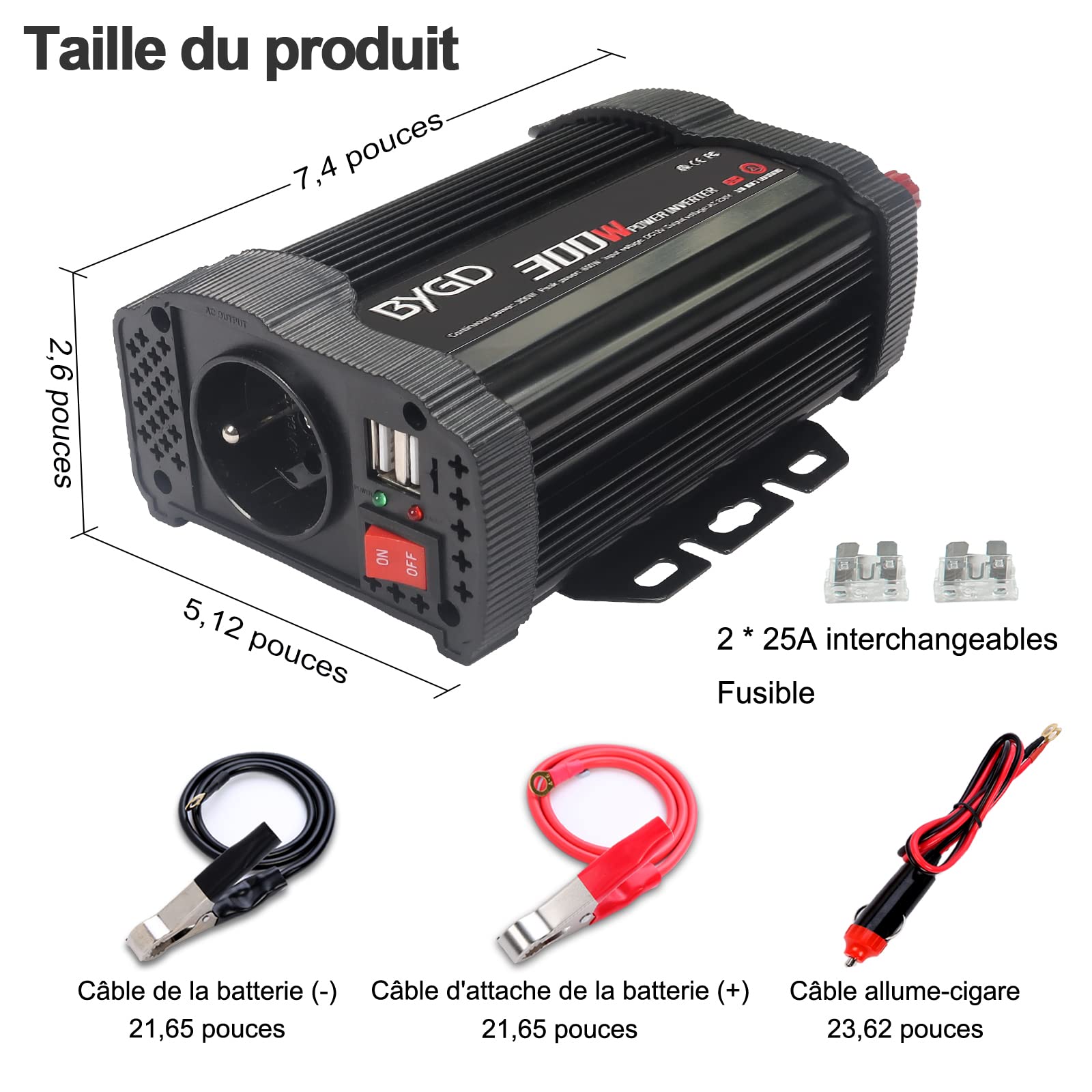 BYGD 300W Convertisseur 12v 220v, Convertisseur Allume Cigare Prise Electrique, Transformateur 12v 220v avec 1 Prise française et 2 Ports USB.