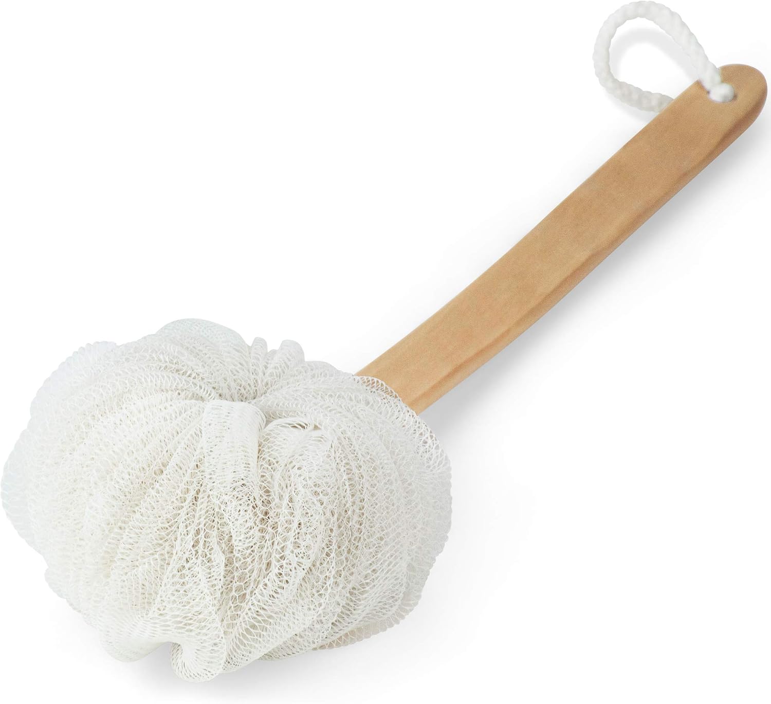 DecorRack Bath Sponge with Wooden Handle, Shower Loofah Brush, Back Cleaning Scrubber, Long Curved Handle, Exfoliate, Rejuvenate Skin, Body Bathing Sponge with Large Mesh Pouf (1 Pack)